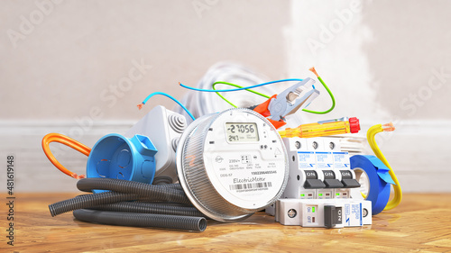 Electrical components on blurred background. 3d illustration