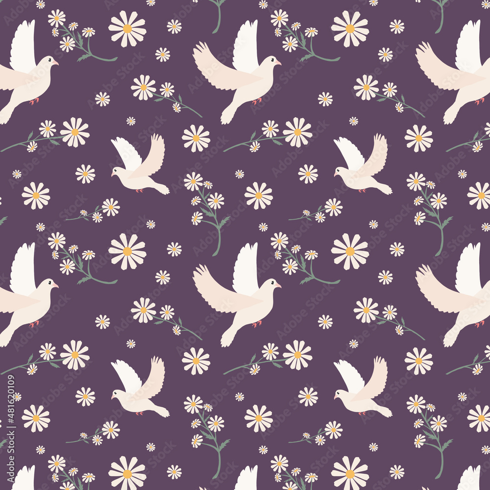Bright seamless pattern with white doves and flowers on violet background. Hand drawn ornament Bright seamless pattern with white doves and flowers on violet background. Hand drawn ornament