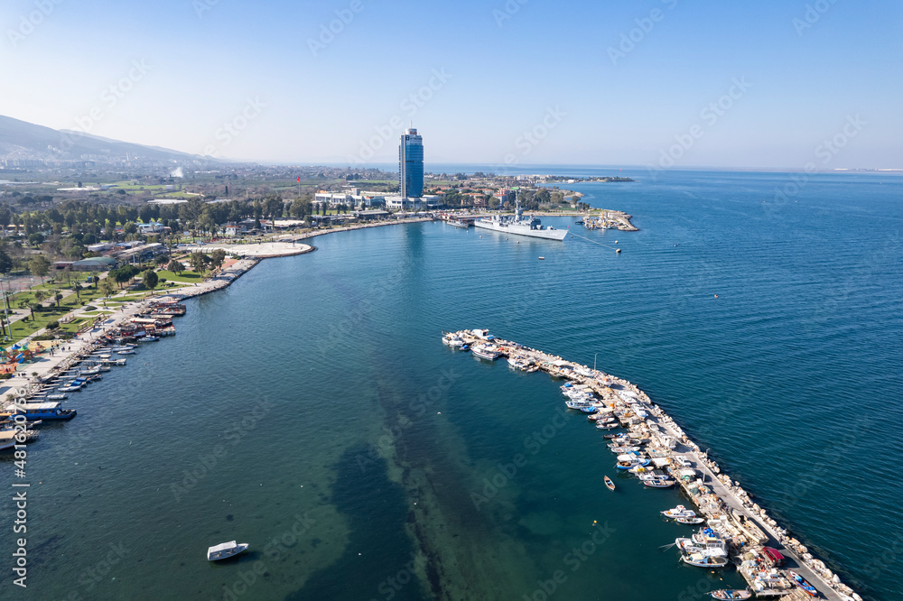 Fototapeta premium Inciralti District coastal and Ozdilek Wyndham Otel view in Izmir City. inciralti has recretional area and fishing boats in Izmir.