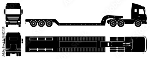 Lowboy trailer truck silhouette on white background. Vehicle monochrome icons set view from side, front, back, and top
