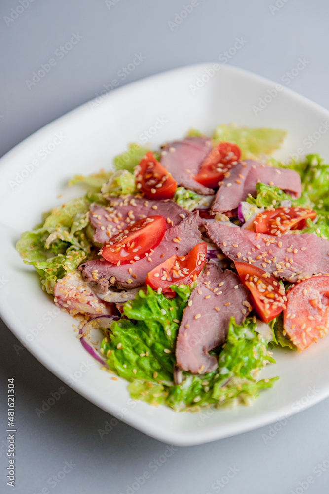 Healthy green salad with meat, tomato and lettuce served in a square white plate over grey or gray background. Healthy green salad with meat, tomato and lettuce served in a square white plate over grey or gray background.