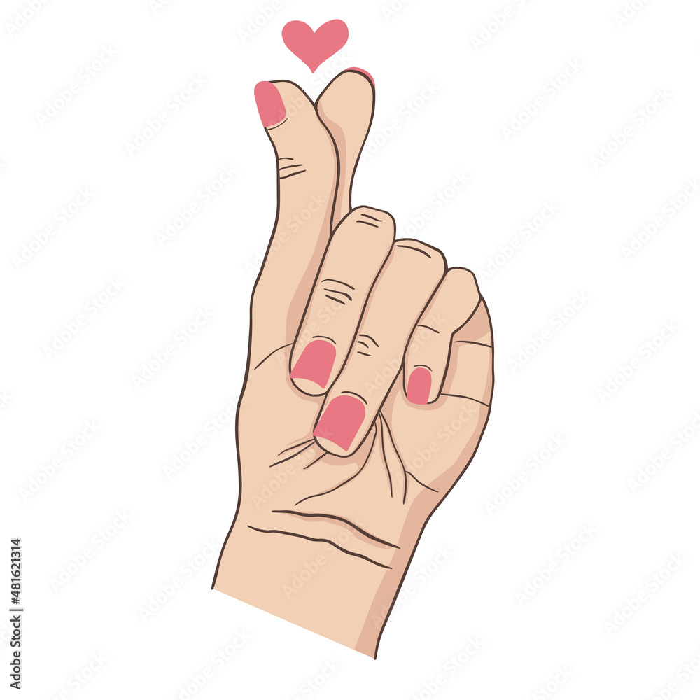 Finger heart asian gesture drawing. Korean k-pop love sign. Crossed fingers with heart vector illustration. Love symbol.
