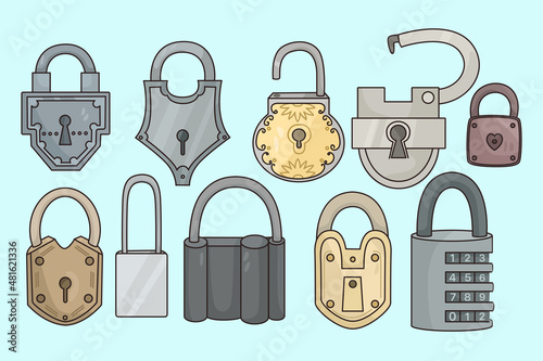 Set of locks for security and protection. Collection of various padlocks of different forms and sizes. Secure lock mechanism. Flat vector illustration. 