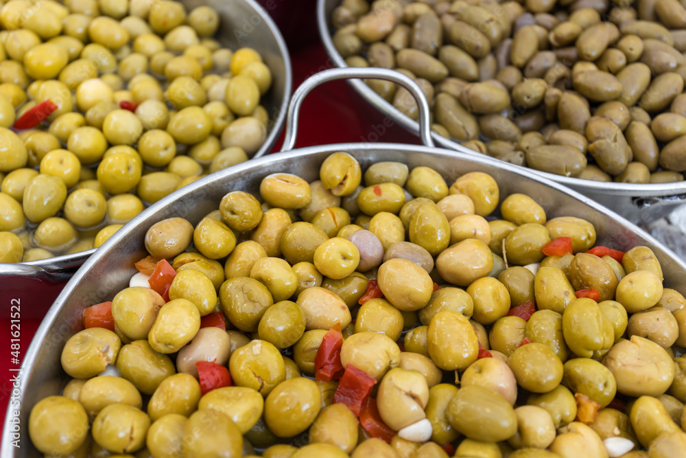 Pickled olives, Pollença or Pollensa, Majorca, Mallorca, Balearic Islands, Spain