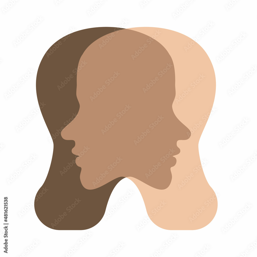 Two overlapping man faces with different color of skin ooking through each other Psychological concept vector illustration. Flat style Two overlapping man faces with different color of skin ooking through each other Psychological concept vector illustration. Flat style
