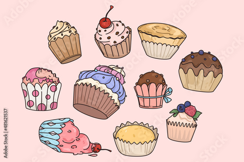 Set of various sweet cupcakes decorated with cream. Collection of muffins with fillings and toppings. Sweet dessert concept. Flat vector illustration. Bakery or coffee shop menu advertising. 