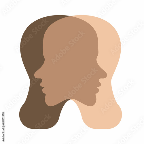 Two overlapping man faces with different color of skin ooking through each other Psychological concept vector illustration. Flat style