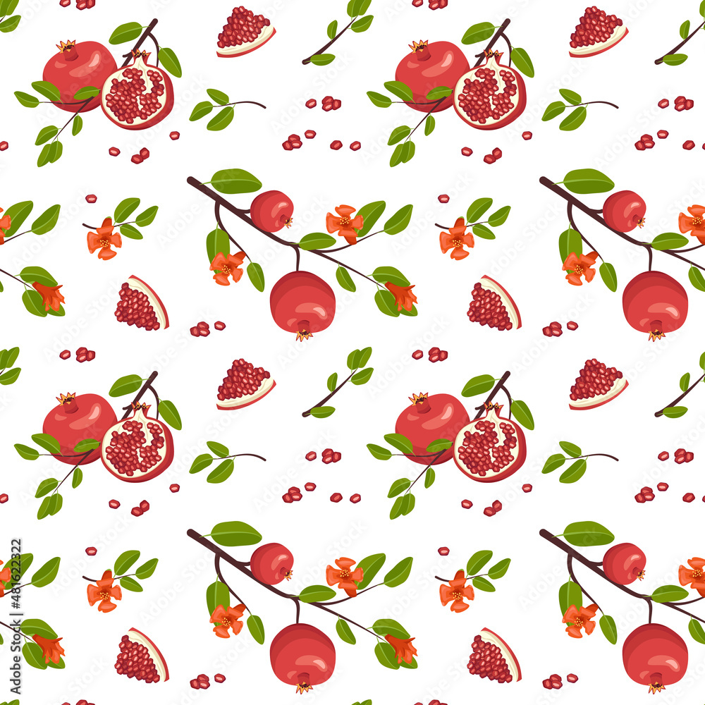Seamless pattern with whole and half red pomegranate with seeds and branch with leaves. Healthy fruits print on white background. Sweet food for diet. Vector flat illustration