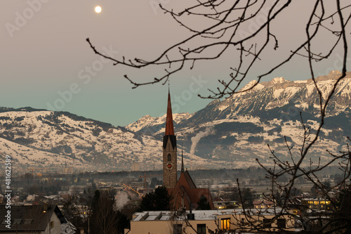 Full moon in the early morning in Schaan in Liechtenstein