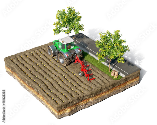 Process of potato seeding using tractor and plow on field on a piece of ground, isolated on a white background, 3d illustration photo