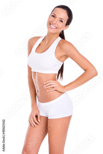 Feeling awesome and looking even better. Studio portraitt of a fit young woman isolated on white.