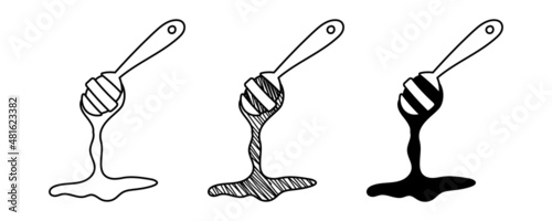 Set of hand-drawn vector honey spoon in doodle cartoon style. Pancake day / Shrove Tuesday