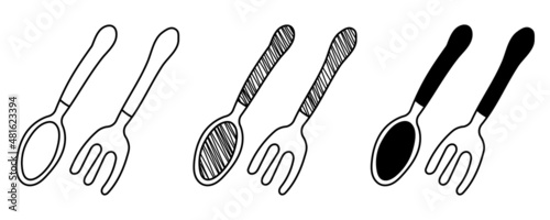 Set of hand drawn vector spoons and forks in doodle cartoon style