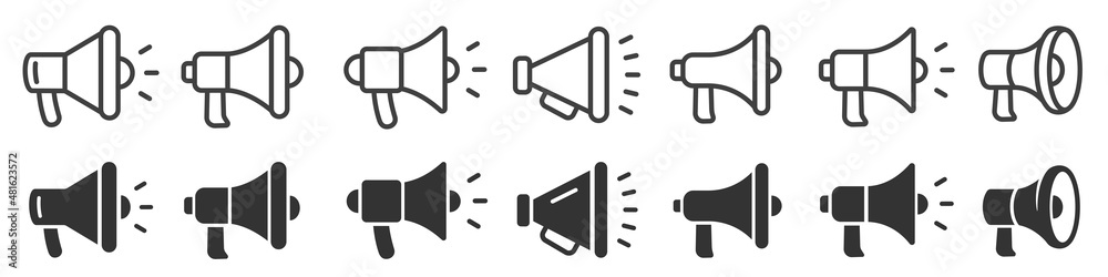 Megaphone icons set. Electric megaphone symbol with sound. Loudspeaker megaphone icon collection. Advertising concept. Flat and line style - stock vector - obrazy, fototapety, plakaty 