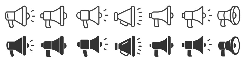 Megaphone icons set. Electric megaphone symbol with sound. Loudspeaker megaphone icon collection. Advertising concept. Flat and line style - stock vector
