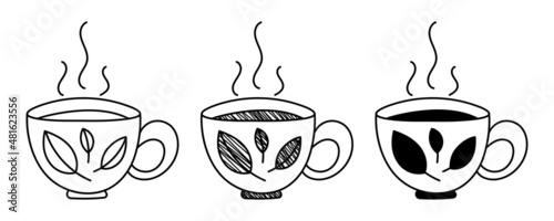 Set of hand drawn vector tea cups in doodle cartoon style