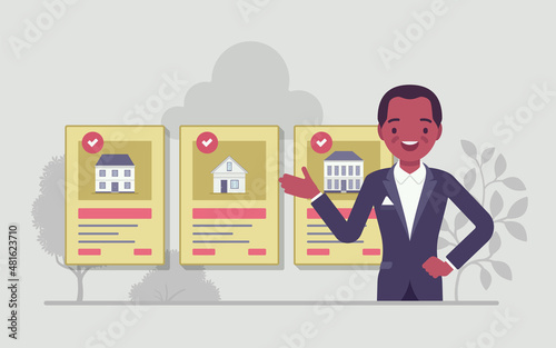 Online estate male agent, property expert consultant. Live portal to track viewings, offers, customer service app, digital marketing for selling, buying, renting house, apartment. Vector illustration