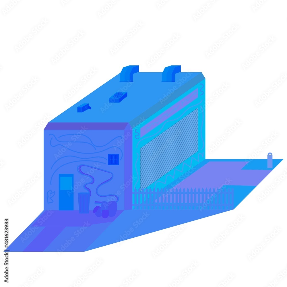 eatery in 3d with many details in blue and purple colors eatery in 3d with many details in blue and purple colors