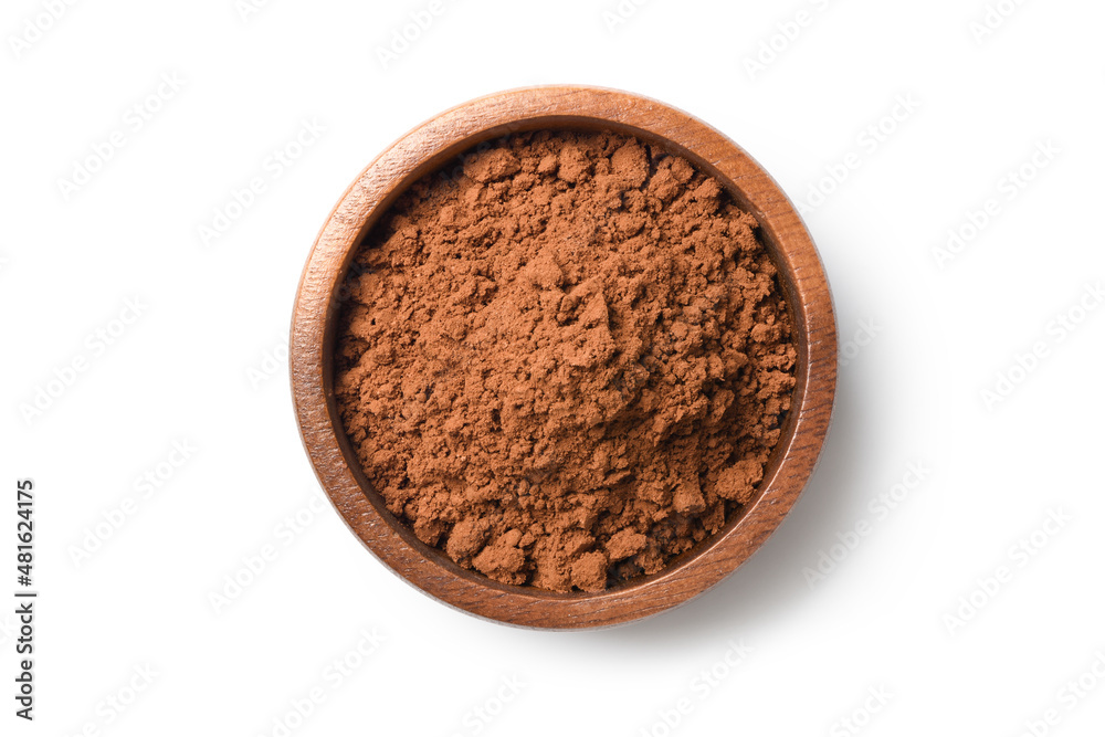 Top view of Cocoa powder in wooden bowl isolated on white background. Clipping path Top view of Cocoa powder in wooden bowl isolated on white background. Clipping path