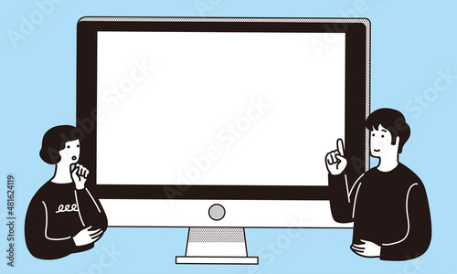 デスクトップパソコンと男女のシンプルなイラスト

