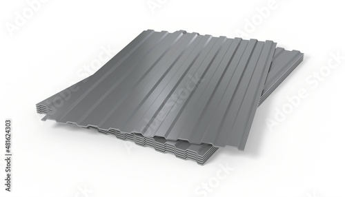 3d render illustration steel metal zinc galvanized wave sheets for roof isolated on white background. Realistic corrugated roof sheets. Metal siding, profiled sheeting for covering or fencing. photo