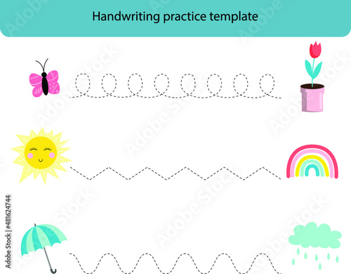 Handwriting practice template. Game for kids. Spring.