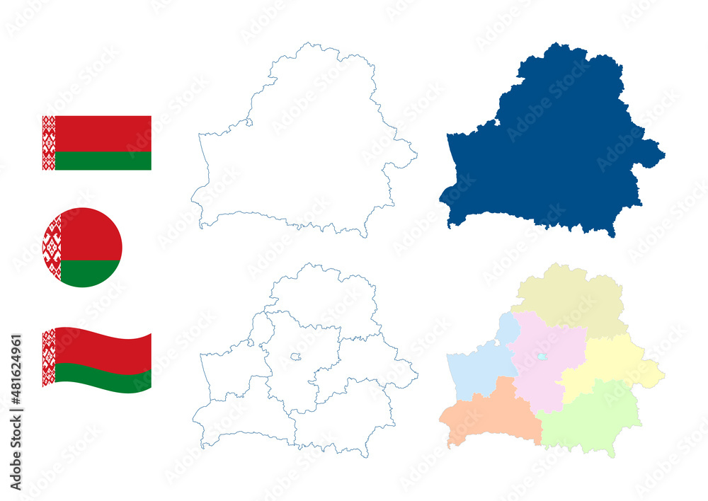 Belarus map. Detailed blue outline and silhouette. Administrative divisions and oblasts. Country flag. Set of vector maps. All isolated on white background. Template for design and infographics.