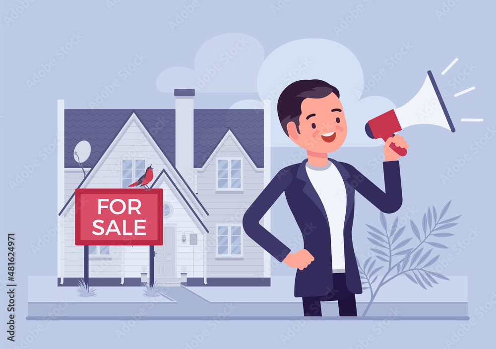 Estate agent, male realtor with megaphone selling house. Real property on sale, broker, firm, or professional advertising commercial, residential building offered for purchase. Vector illustration Estate agent, male realtor with megaphone selling house. Real property on sale, broker, firm, or professional advertising commercial, residential building offered for purchase. Vector illustration