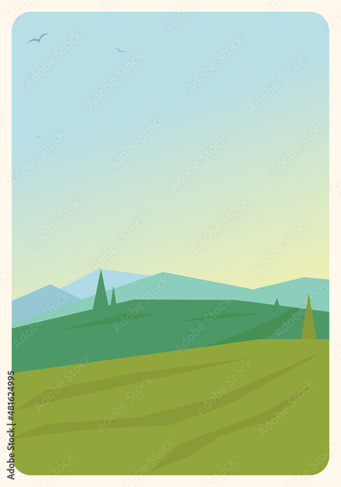 Rural landscape with fields and mountains in sunny day with vineyards, fields, meadows on the background. Blue sky and green hills poster. Art Deco style vector illustration. 