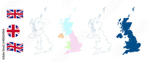 United Kingdom map. Detailed blue outline and silhouette. The four countries of the United Kingdom. England, Scotland, Wales, Northern Ireland and Isle of Man. Country flag. Set of vector maps.