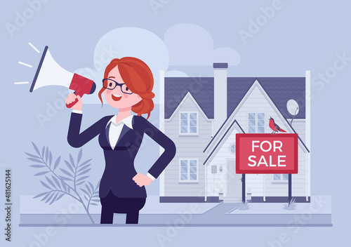 Estate agent, female realtor with megaphone selling house. Real property on sale, broker, firm, or professional advertising commercial, residential building offered for purchase. Vector illustration