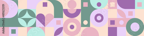 Seamless mosaic with geometric shapes in the style of Scandinavian pattern, pastel background with hearts for Valentine's Day card. Minimalistic cover template with circles texture.
