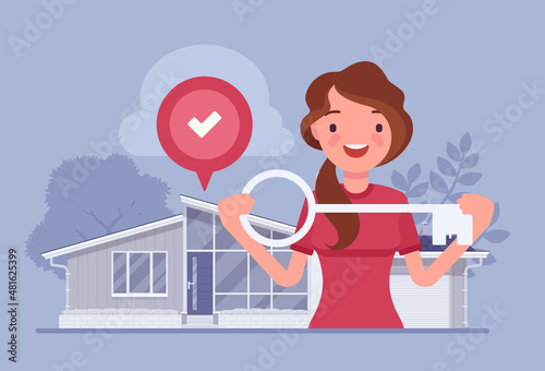 Happy homeowner, young woman with a key, owns the house. Moving to first apartment, approved loan mortgage tick mark, student renting home alone, property ownership dream. Vector illustration