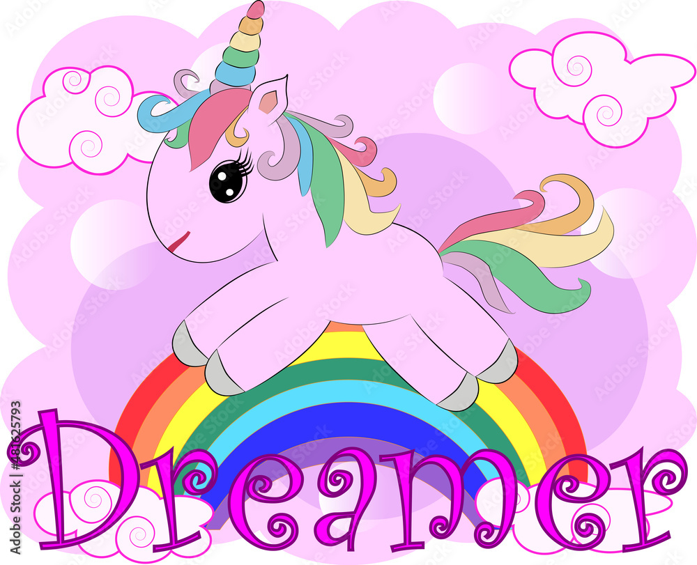 Fototapeta premium Unicorn illustration drawing with rainbow writing Dreamer. Unicorn's head cartoon, isolated on white background.