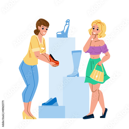 shoes store footwear. woman, girl shopping. retail fashion. boutique. assistant support character web flat cartoon illustration