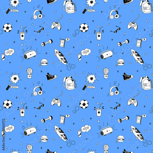 Seamless pattern with elements of a teenager's lifestyle. Doodle style. Vector graphics.