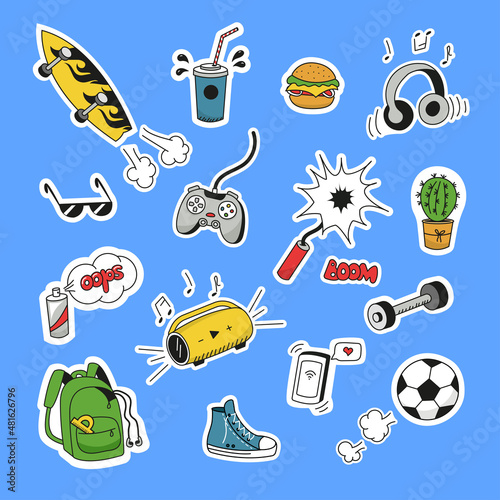 A set of stickers for a teenager's lifestyle. Doodle style. Vector graphics.