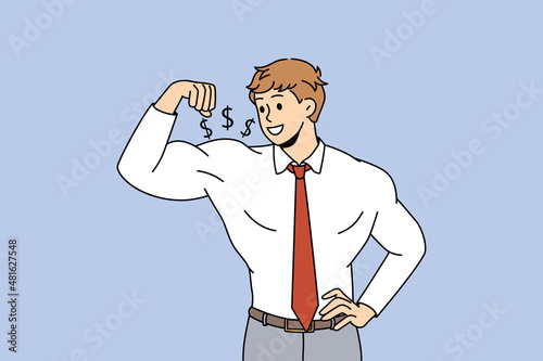 Leadership authority and strength concept. Young smiling businessman in white shirt standing and showing strong biceps meaning business success and financial profit vector illustration 