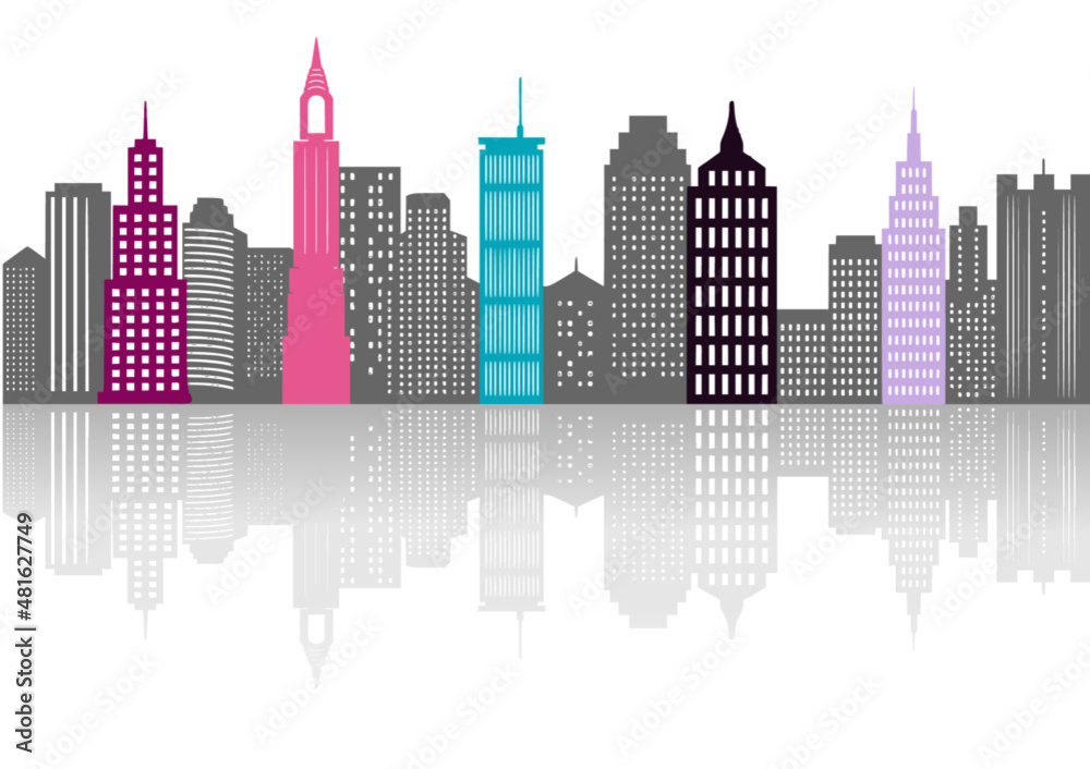 City Skyline Panorama Color  with skyscrapers Isolated on White Background Illustration