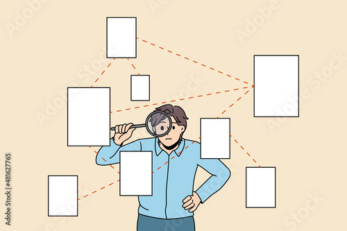 Searching for information and strategy concept. Young serious businessman standing and looking at various papers official document with magnifier searching for information vector illustration