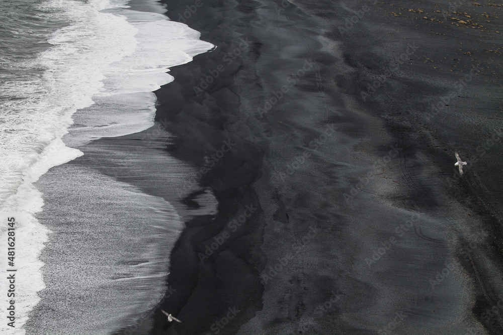 contrasto nero e bianco fra schiuma di mare e sabbia nera in Islanda contrasto nero e bianco fra schiuma di mare e sabbia nera in Islanda