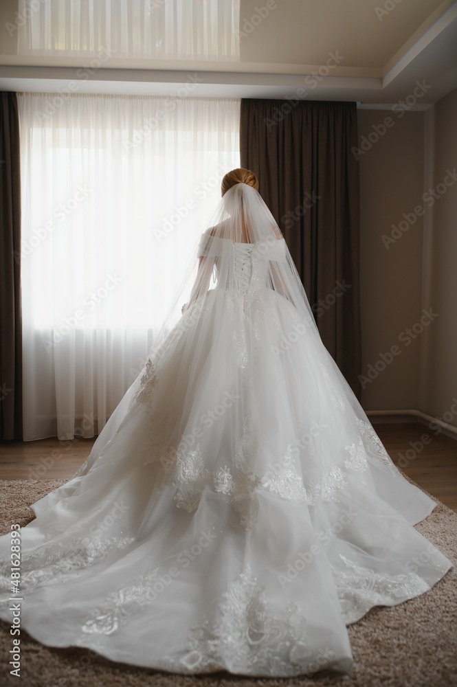 Fototapeta premium Bride dressing wedding gown. morning bride