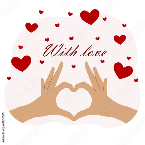Two hands showing heart gesture. Postcard or congratulation on Valentine's Day. Vector