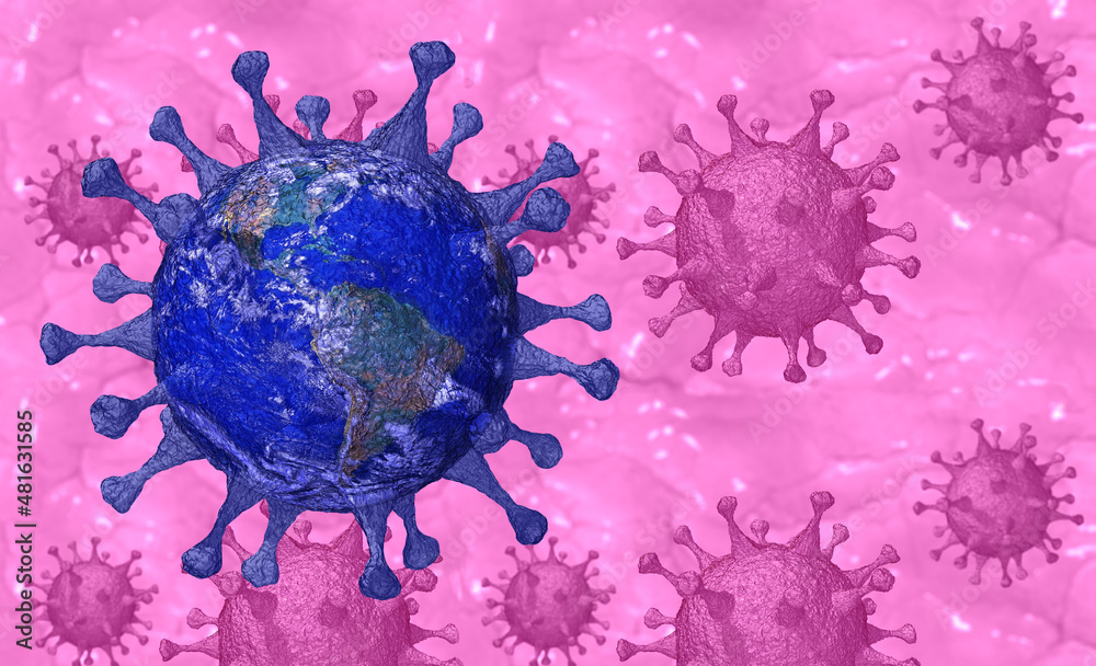 Planet Earth threatened attacked by the COVID-19 pandemic, pink/red shades background made of virus. Space for adding text. Planet Earth threatened attacked by the COVID-19 pandemic, pink/red shades background made of virus. Space for adding text.