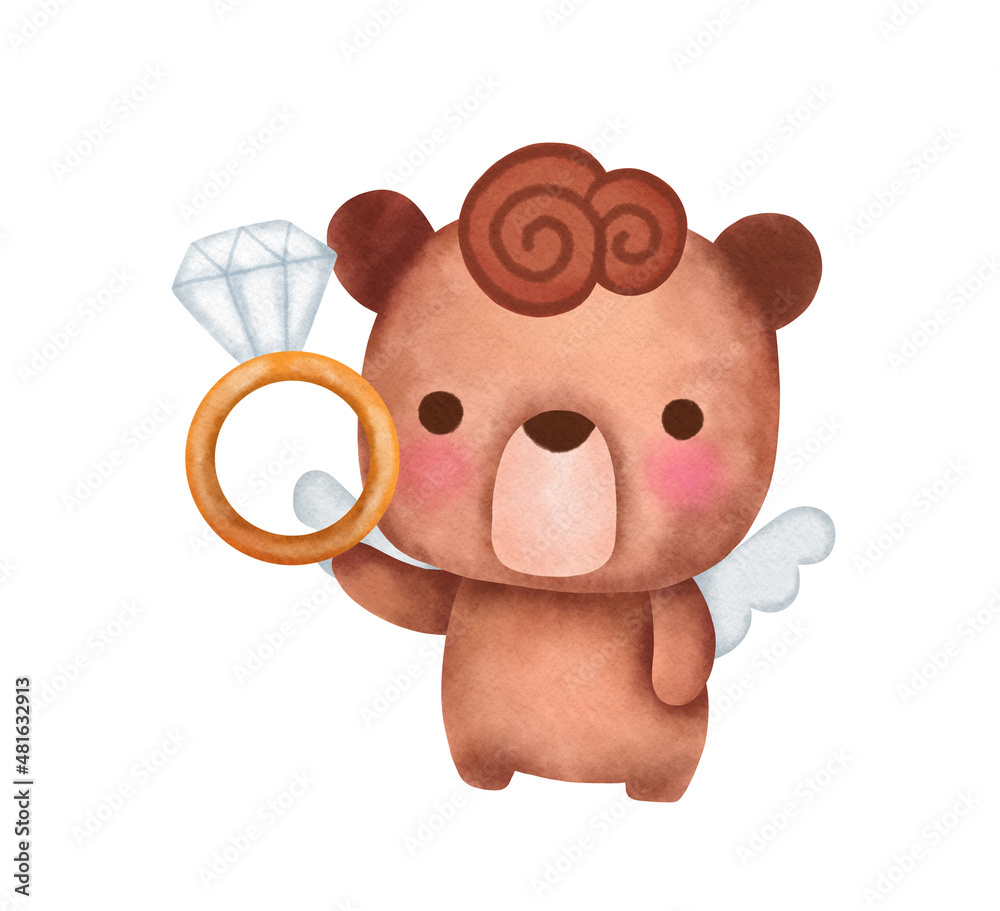 Fototapeta premium cupid brown bear with a diamond ring cartoon character icon logo symbol illustration doodle brown for Valentine's Day or love, heart ,will you marry me ,propose concept