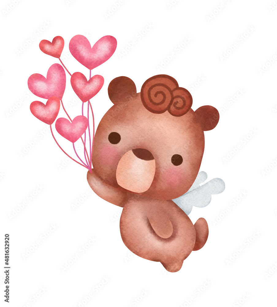 Fototapeta premium cupid brown bear with a pink balloons cartoon character icon logo symbol illustration doodle brown for Valentine's Day or love, heart concept