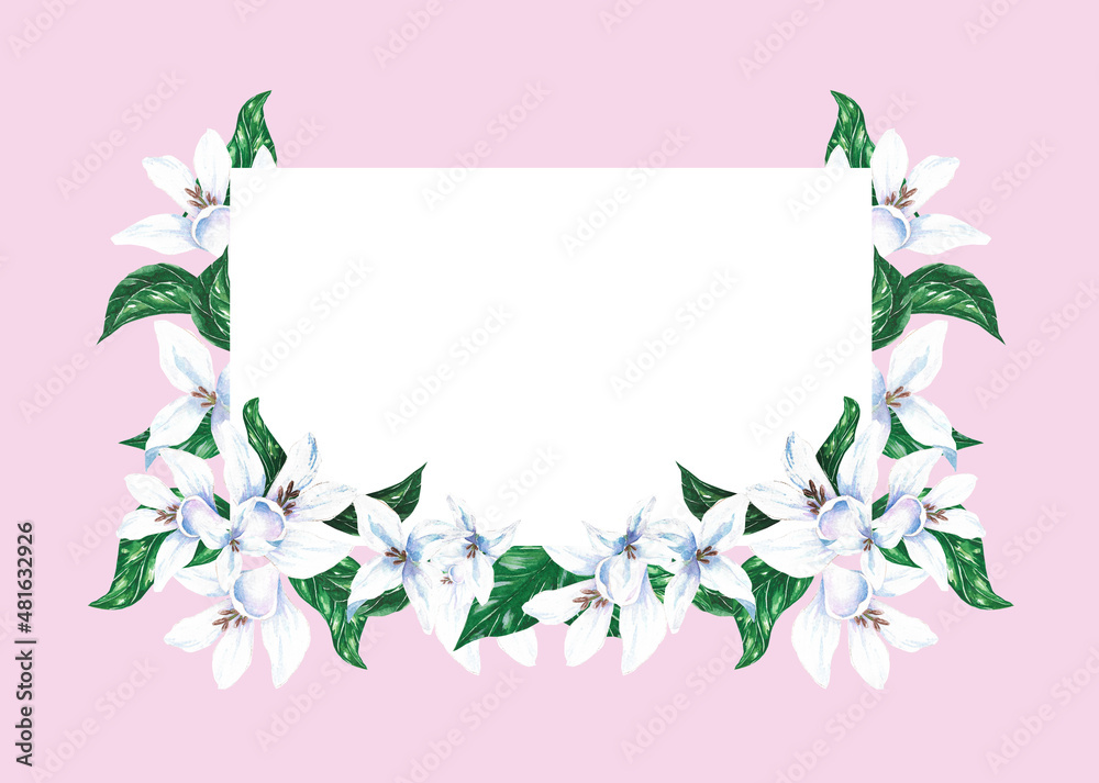 Fototapeta premium floral frame white flower and leaves for Invitation greeting card with floral background. Wedding invitation, thank you card, save the date cards, valentine's card,