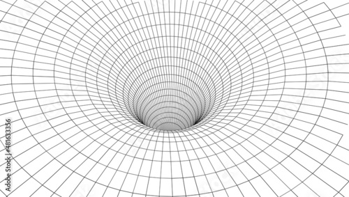  Vector illustration of a 3D wireframe tunnel. Mesh wormhole model representing fabric of space and time. 