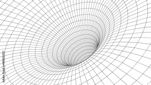  Vector illustration of a 3D wireframe tunnel. Mesh wormhole model representing fabric of space and time. 