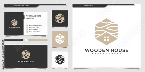Abstract wooden house logo design with unique hexagon shape concept and business card design Premium vektor